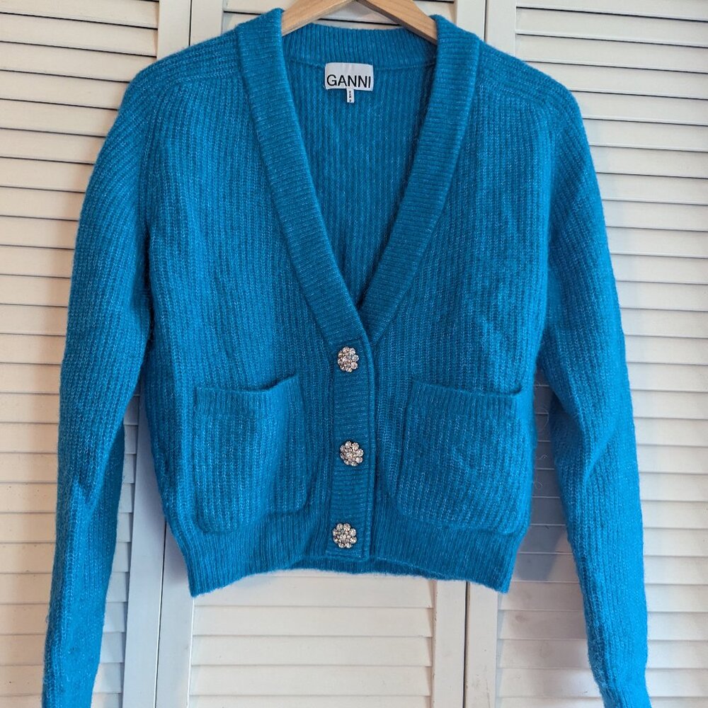 GANNI Cobalt Blue Fuzzy Alpaca Cardigan with Rhinestone Buttons XS/S
